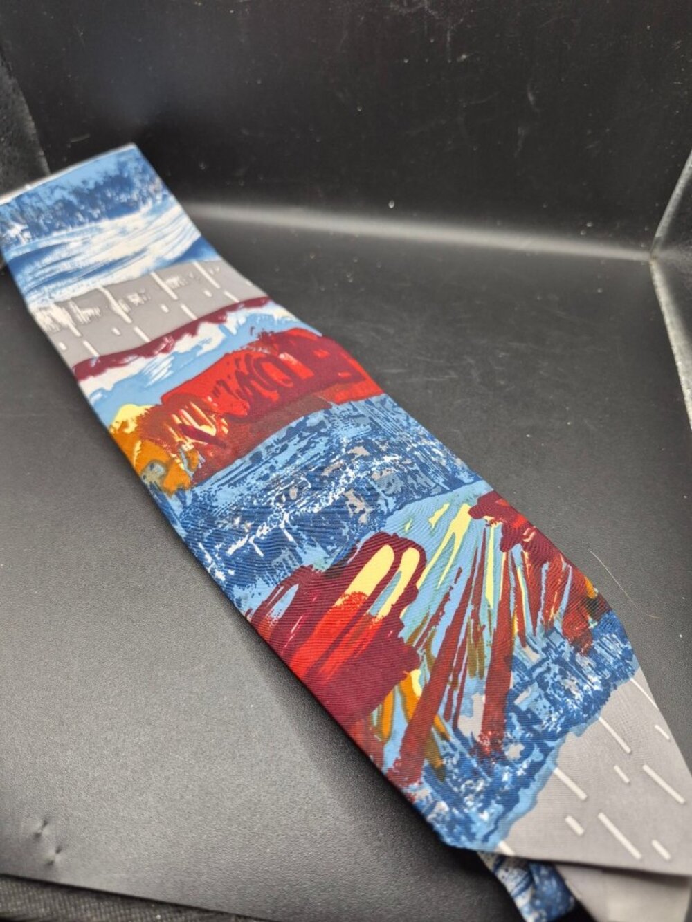 Vintage Ketch Abstract Print Tie With Vibrant Red Blue & Yellow Design